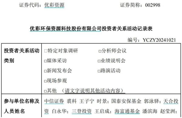 炒股要求 【股东要知道】多家机构调研优彩资源，推动聚酯纤维“0碳、负碳”的解决方案